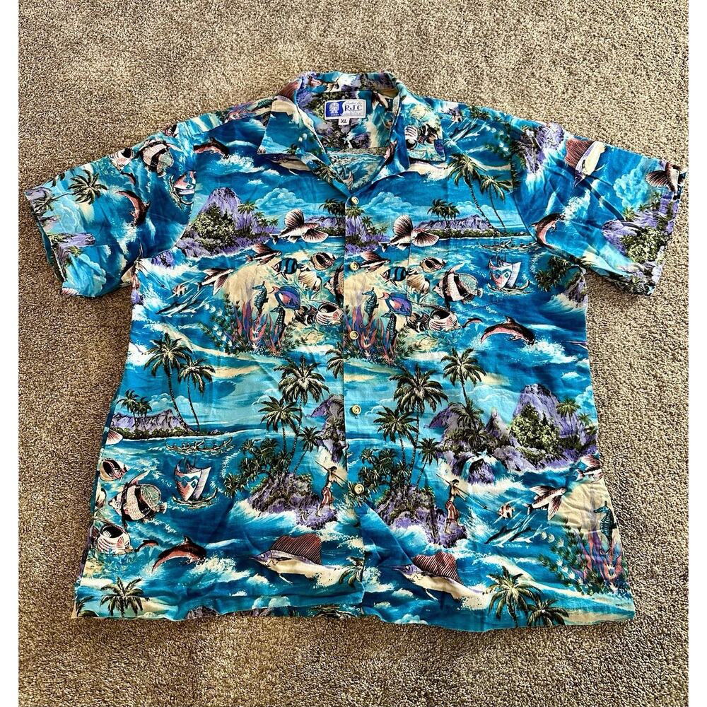 RJC Shirt Mens XL Green Hawaiian Scenic Tropical Print Aloha Made In Hawaii USA